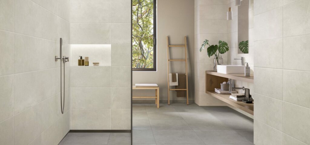 Villeroy & Boch Ohio obklady a dlažby vo vzhľade betónu dlažba grey - CJ61, obklad creme - CJ10