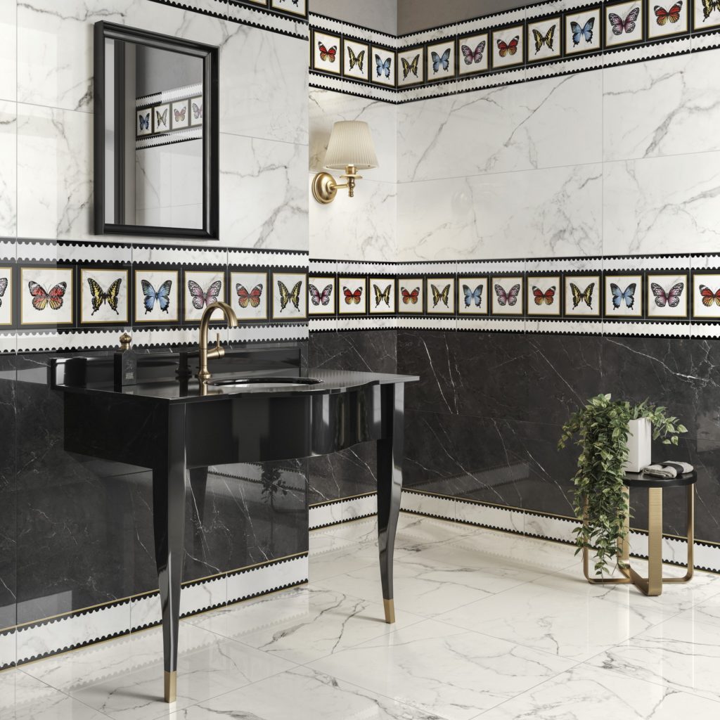 Villeroy & Boch Victorian - obklady a dlažby kúpeľňa s dlažbami vo zvhľade mramoru a dekoratívnym obkladom